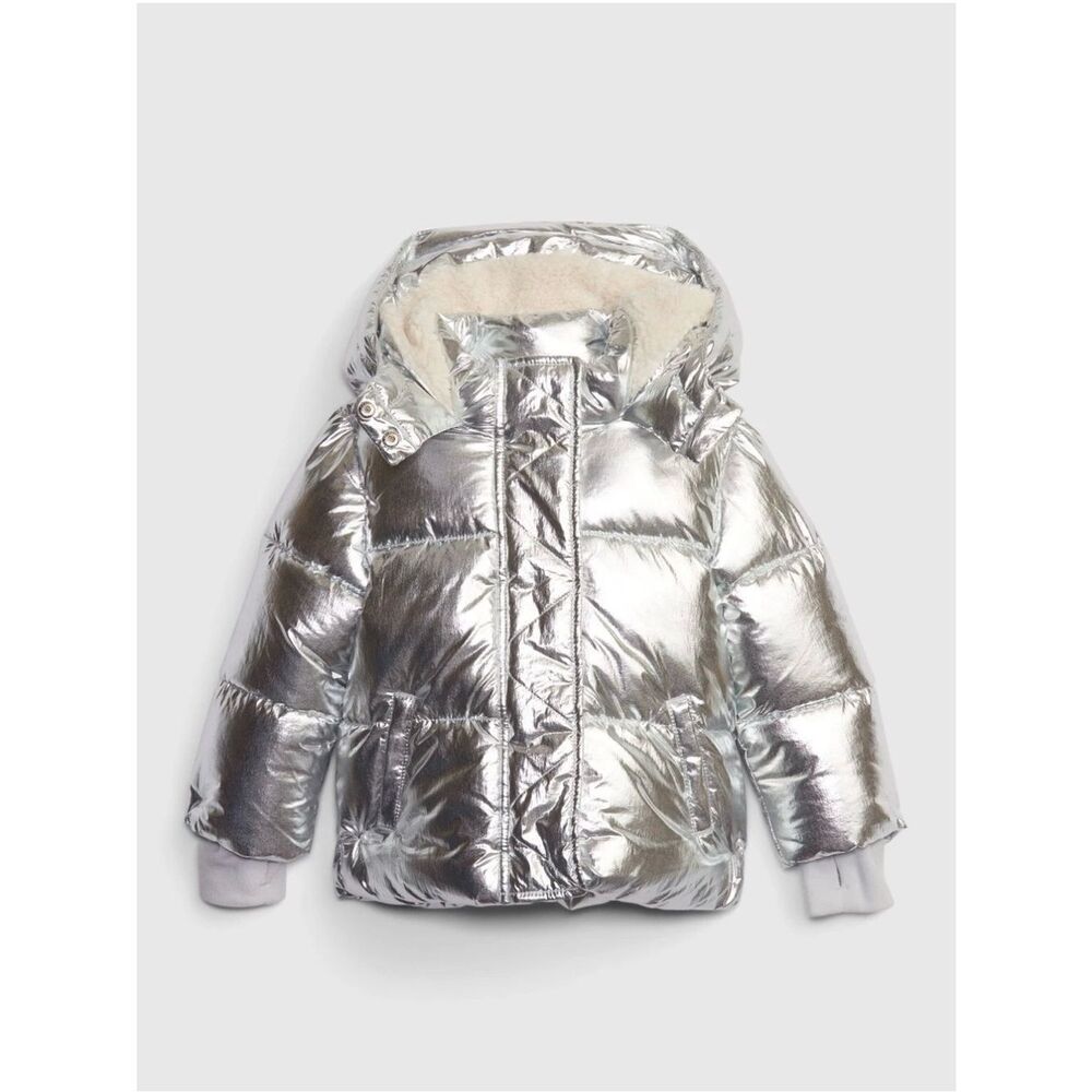 GAP 2T Girls Silver Metallic Hooded Sherpa Puffer Winter Jacket